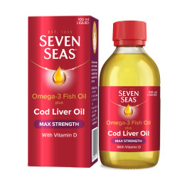 Seven Seas Omega-3 Fish Oil Plus Cod Liver Oil Max Strength 100ml. With Vitamin D And Vitamin E