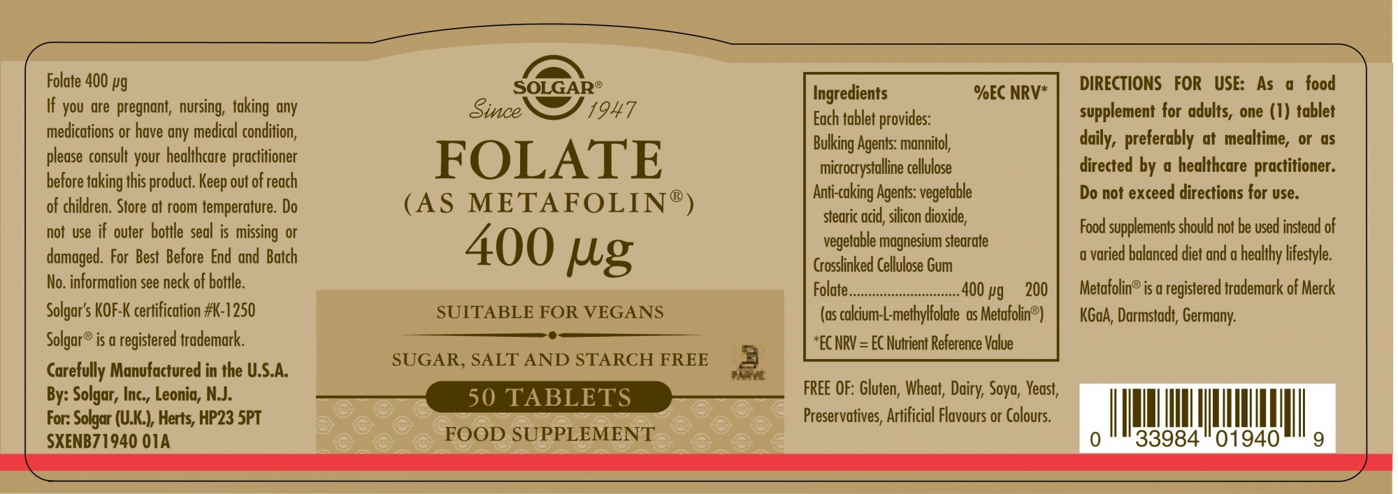 Solgar Folate 400 µg (AS Metafolin®)