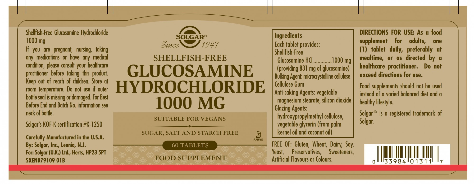 Solgar Glucosamine Hydrochloride 1000 MG (Shellfish-Free)