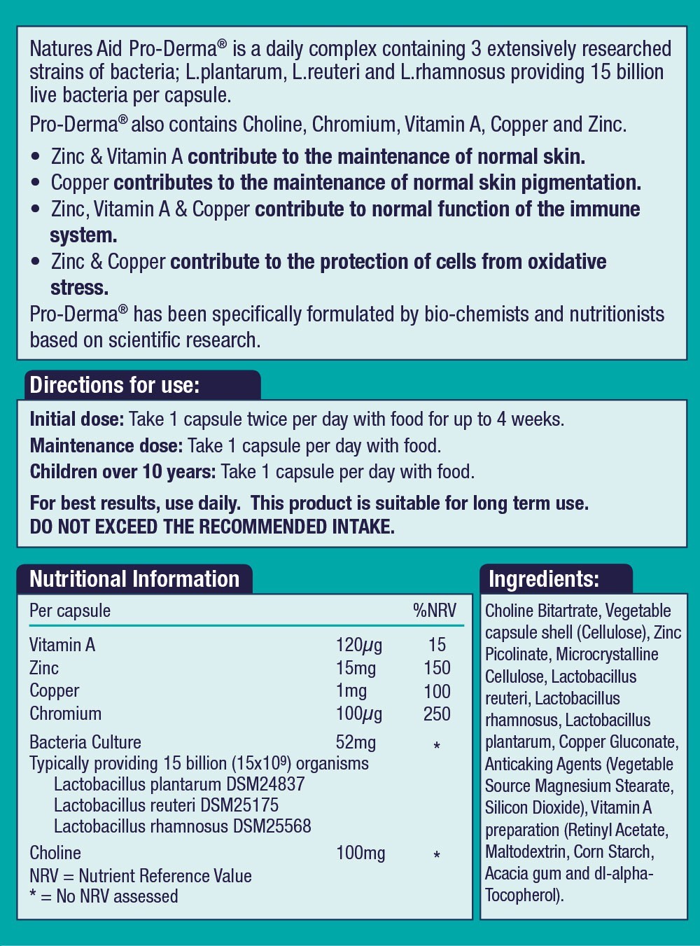 Natures Aid Pro-Derma (15 Billion Bacteria) With Choline, Chromium, Vitamin A, Copper & Zinc