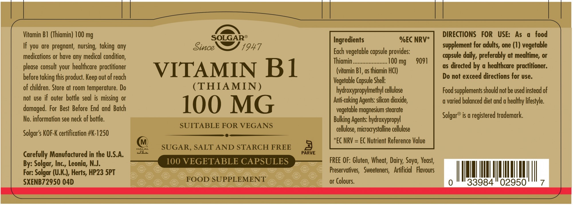 Solgar Vitamin B1 (Thiamin) 100 MG