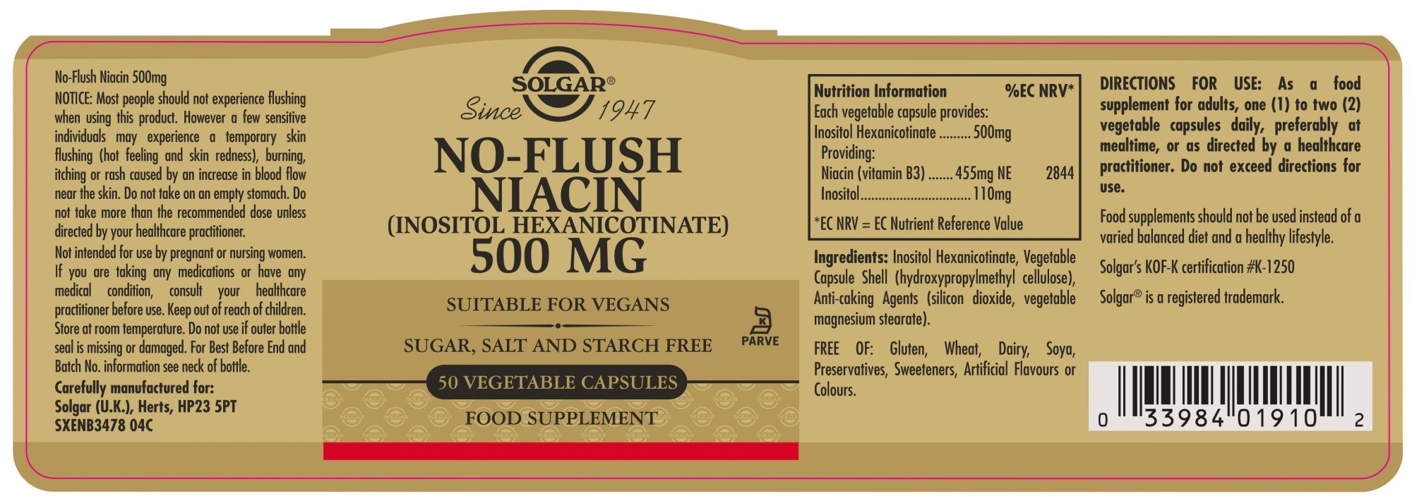 Solgar NO-Flush Niacin (Inositol Hexanicotinate) 500 MG