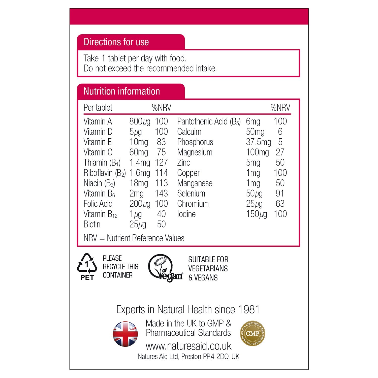 Natures Aid MultiVitamins & Minerals (Without Iron) (Suitable For