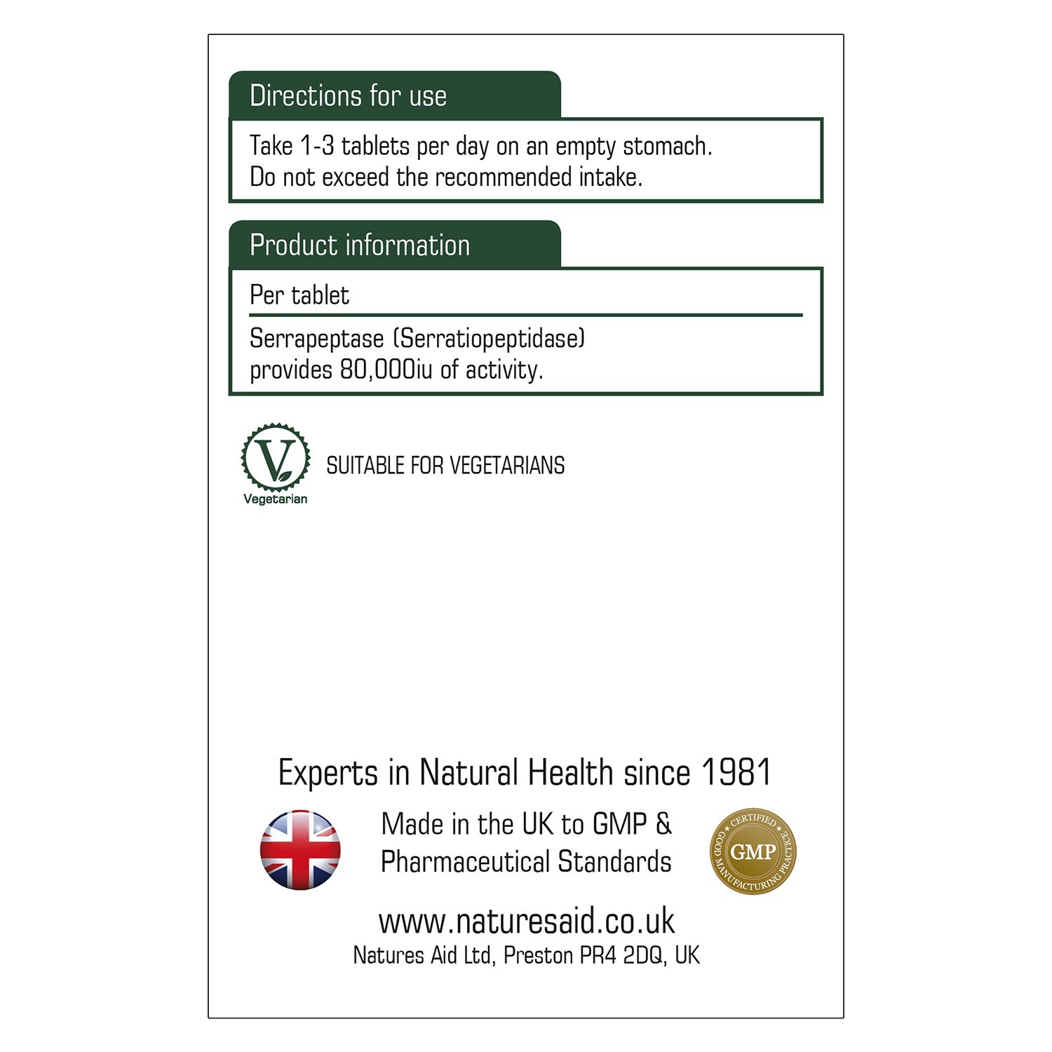 Natures Aid Serrapeptase 80,000iu (Enteric Coating) (Suitable For Vegetarians And Vegans)